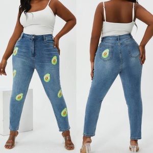 Avocado Print High Rise Stretch Slim Straight Denim Jeans Women’s Size 0XL